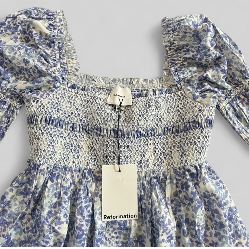 Reformation Dione Maddie Blue Floral Smocked Mini Dress Size 4 NWT - Picture 9 of 12